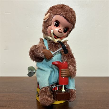 Vintage Tin Litho Monkey Shoemaker Wind-Up Toy, Made in Japan