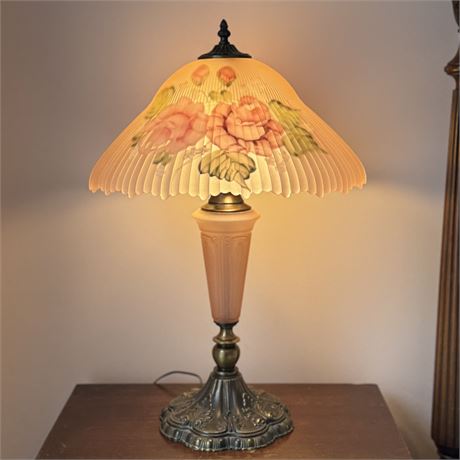 Vintage Pink Satin Reverse Painted Cast Metal Base Parlor Lamp