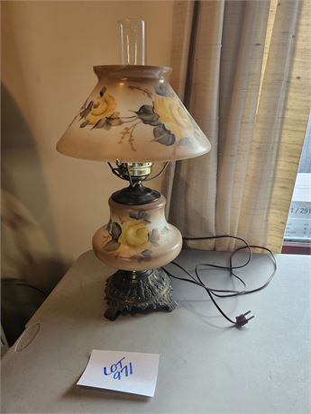 Vintage Hand Painted Hurricane Table Lamp with Metal Base