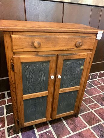 Oak Pie Safe 2 Door/3 Shelf Cabinet W/Punched Tin Panels & Drawer