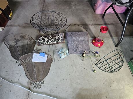 Mixed Outdoor Lot: Metal Fence Plant Baskets/Spring Sign/Vintage Baskets & More