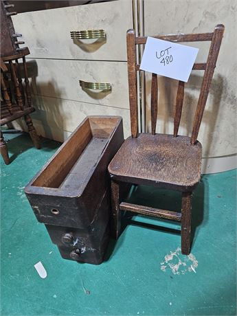 Childs Wood Chair & Wood Sewing Machine Drawers