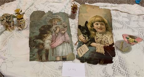 2 Antique Victorian Art Prints Little Girls And Dogs 3 Victorian Lady Head Vases