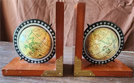 Pair of Vintage Wood & Brass World Globe Bookends