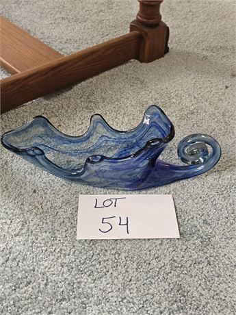 Murano Style Blown Glass Tray With Coiled Handle Ocean Blue