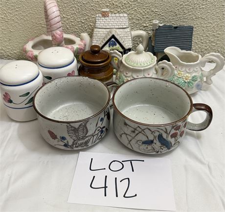 Mixed Lot Soup Bowls, Salt & Pepp Shakers, Collectible Teapot & More