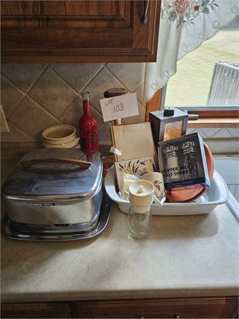 Mixed Kitchen Lot- Metal Cake Holder, Bakeware, Towel Holder & More