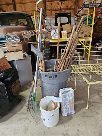 Large Bin of Shovels / Rakes / Painting Tools & More