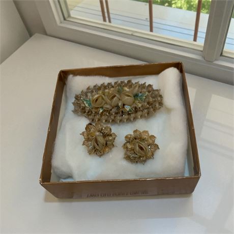 Antique Estate Carved Colored Molded Celluloid Flower Pin Brooch & Earrings