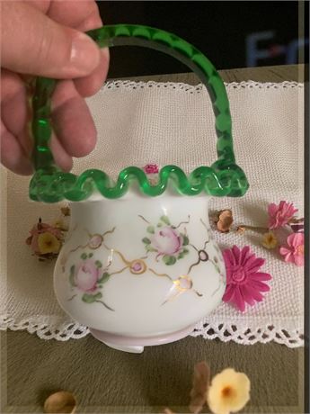 Fenton Hand-Painted Milk Glass Basket W/Clear Green Handle & Ruffle Trim
