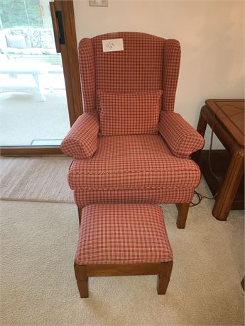 Reupholstered Red & White Plaid High-back Arm Chair with Foot Stool