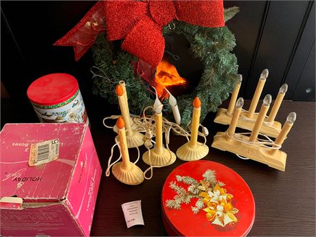 Christmas Wreath, Lighted Candles, Christmas Tin Lot