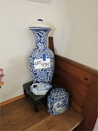 Mixed Asian Inspired Flow Blue Decor:Floor Vase / Fish Teapot & More