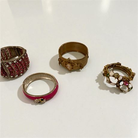 Pink Enamel Hinged Bracelet w/Crystal Decorated Bee, Milk Glass Clamper Bracelet