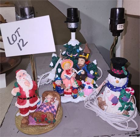 (3) Christmas Theme Holiday Lamps : Snowman/Santa & Carolers