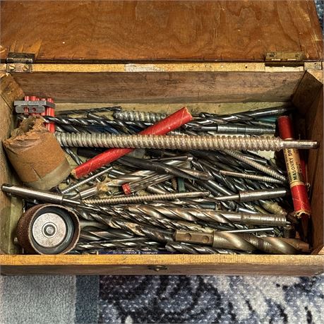 Lot of Mixed Drill Bits in Wood Storage Box