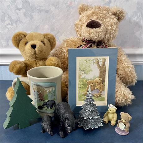 Teddy Bear and Bear Figurine Lot - Plush, Mug and Figurines