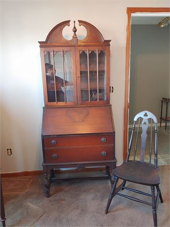 Beautiful Vintage Mahogany Secretary Slant Top Desk & Glass Cabinet w/ Chair