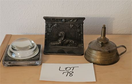 Antique Metal Oil Lamp Base & Egyptian Revival Cast Iron Bookends & More