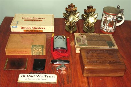 Mixed Lot: Cigar Boxes, Book Ends, Etc