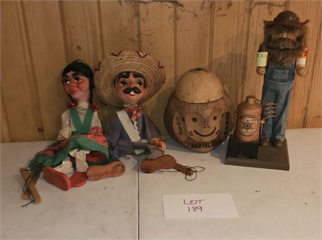 Coconut Monkey, Moonshine Carved Man & Marionette Dolls