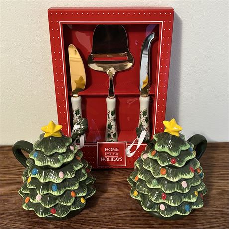 Ceramic Christmas Tree Mugs and New Serving Utensil Set