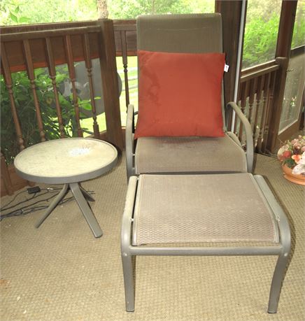 Outdoor Reclining Chair, Ottoman, Table