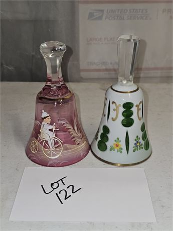 Fenton HP Cranberry Bell 5"H & Bohemian Case Glass Bell 5.5"H