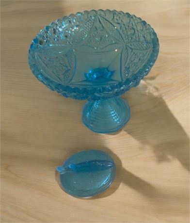 Kemple Wheaton Ice Blue Starburst Pedestal Compote Dish & Blue Fish Lid