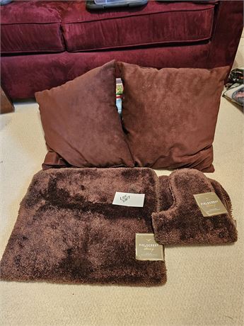 Fieldcrest Luxury Bath Rugs & Brown Throw Pillows