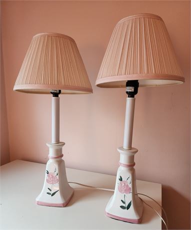 Pair of MCM Ceramic Rose Lamps w/ Shade