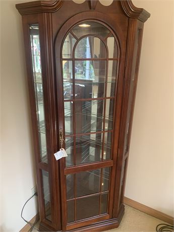 Chocolate Cherry Wood & Glass Lighted Corner Curio Cabinet  21 x 32