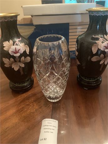 2 Chinese Cloisonné Enamel Vases W/Floral Design, 1 Clear Lead Crystal Vase