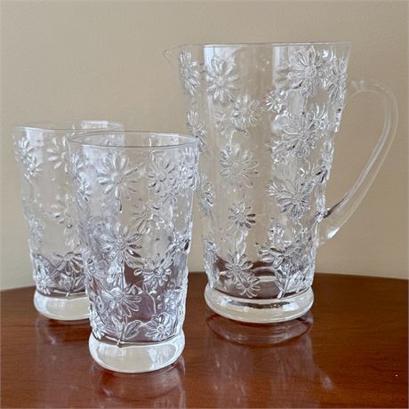 1960's Embossed Daisies Glass Pitcher Set