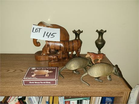 Mixed Decor Lot: Wood Carved Elephant/Zebra/Metal Armadillo's/Cow Walker & More