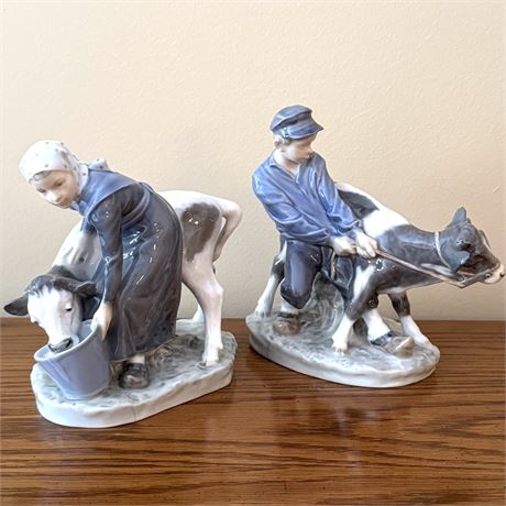 Royal Copenhagen Girl Feeding Calf and Boy with Calf Porcelain Figurines