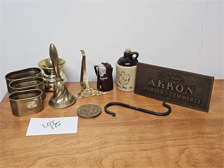 Mixed Metal & Decor Lot : Brass Bell / Commerce Plaque / Jugs & More