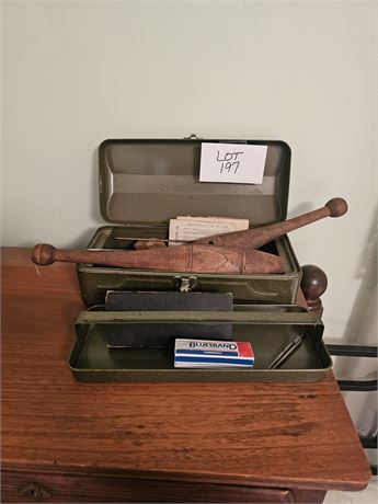 Misc Lot- Antique Wood Juggling Pins, Rations Book, Harmonica, Drafting Tools &