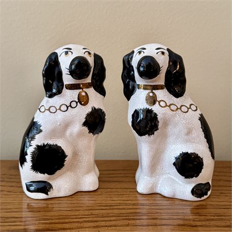 Black and White Staffordshire Spaniel Dog Ceramic Figurines - 5"T