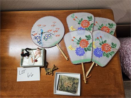 Mixed Vintage Lot: Satin Wallet / Chenille Skunk / Asian Fans & More