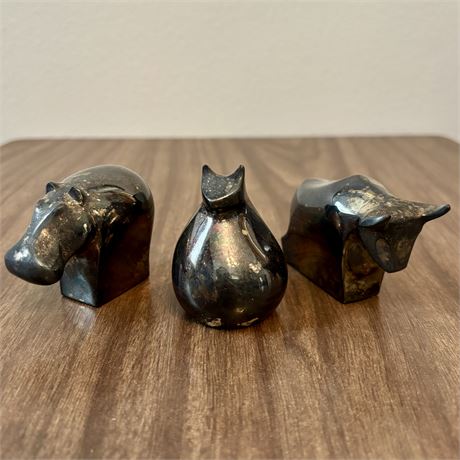 Dansk Solid Silver Plate Animal Paperweight Figurines - Hippo, Cat & Bull