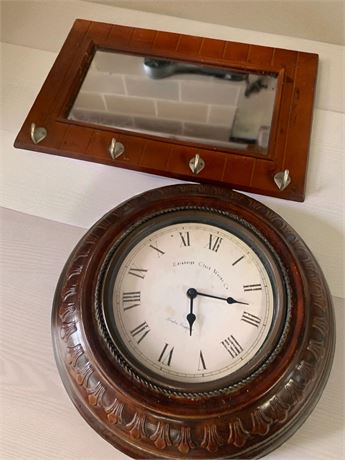 Cherrywood Mirrored Key Rack, Round Edinburgh Clock Works Co. Battery Wall Clock