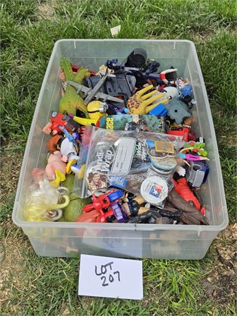 Large Box Of Mixed Action Figures, Dolls, Cars, Buttons & More