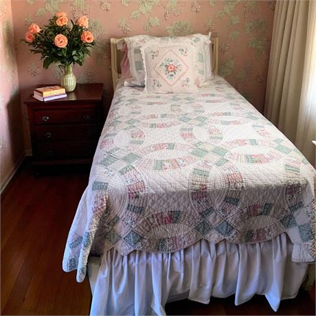 Single Bed W/Mattress, Quilt, Pillows, Sham, Dust Ruffle