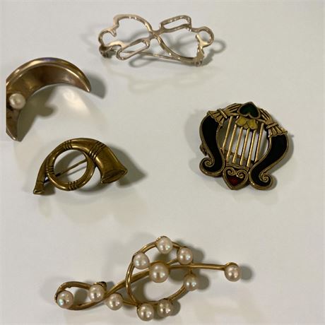 Faux Pearl Music Note Pin, Irish Enamel Harp Brooch