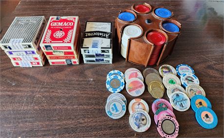 Casino Played/ Used Cards & Poker Chips w/Extra Poker Chips in a holder