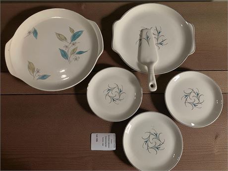 Simplicity Turquoise Pattern Salem China Company Plates, Cake Plate & Server