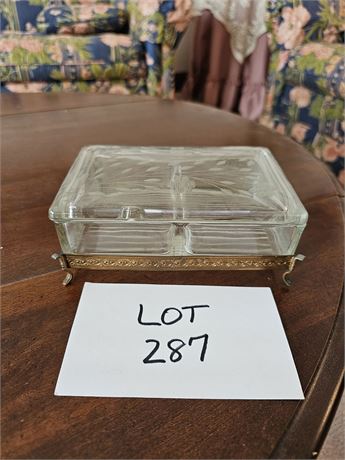 Vintage Etched Floral Clear Glass Trinket Box with Metal Carrying Tray