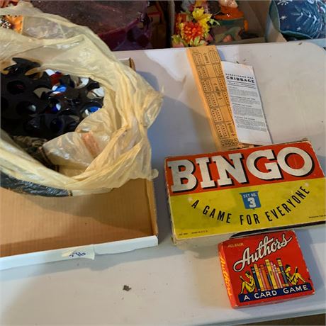 Vintage Board Game Lot Bingo & Authors Card Game Poker Chips Cribbage & More