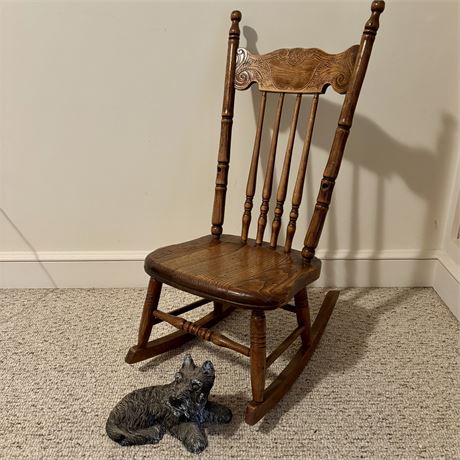 Wonderful Children's Spindle Back Rocking Chair & Resin Schnauzer Dog